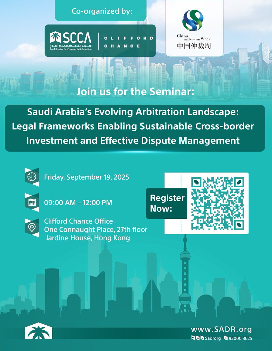 المركز السعودي للتحكيم التجاري (@sadrorg) on Twitter photo Join us at the seminar “Saudi Arabia’s Evolving Arbitration Landscape: Legal Frameworks Enabling Sustainable Cross-Border Investment and Effective Dispute Management,” co-hosted by #SCCA and Clifford Chance as part of #ChinaArbitrationWeek 2025.
This high-level event will bring Join us at the seminar “Saudi Arabia’s Evolving Arbitration Landscape: Legal Frameworks Enabling Sustainable Cross-Border Investment and Effective Dispute Management,” co-hosted by #SCCA and Clifford Chance as part of #ChinaArbitrationWeek 2025.
This high-level event will bring