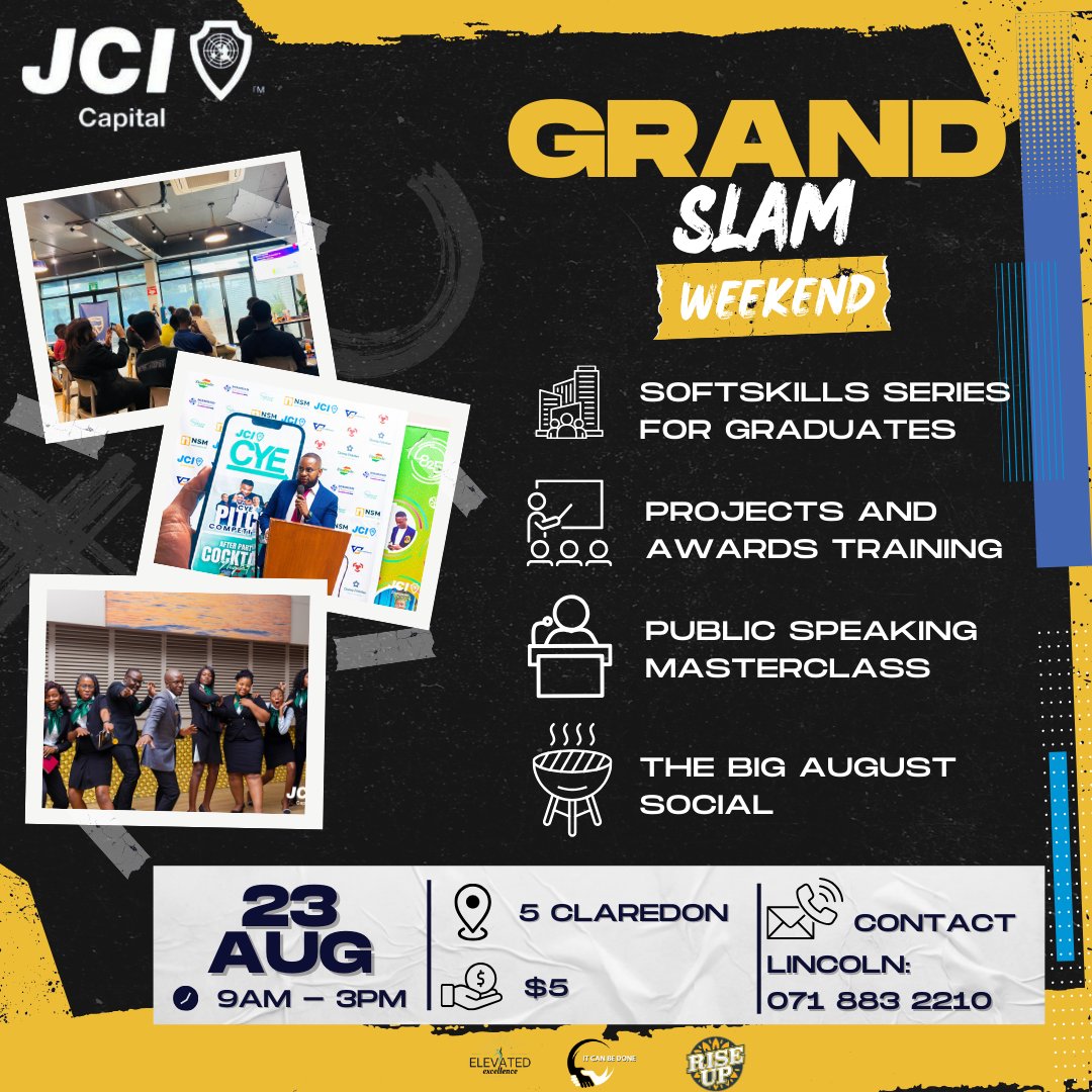 🎉 JCI Capital Grand Slam Weekend! 🎉

Four power-packed events. One unforgettable weekend. 💥

A weekend of growth, leadership, and unforgettable moments.
$5 investment fee.

RSVP:
docs.google.com/forms/d/e/1FAI…

#ElevatedExcellence
#ItCanBeDone
#RiseUp