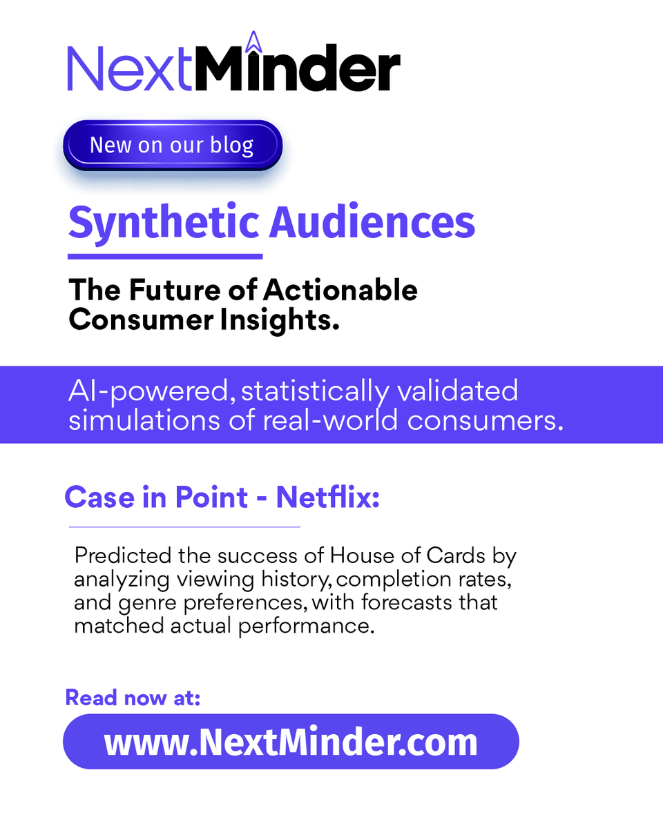 NextMinder_'s tweet photo. Netflix knew House of Cards would be a hit before launch.
Now, Synthetic Audiences let any brand do the same:

1. Predict market response
2. Test ideas in hours
3. Optimize pricing &amp; strategies
4. Build bias-free forecasts

Find our article here: https://t.co/g21VAfGuIy https://t.co/dfGfYvEvzd