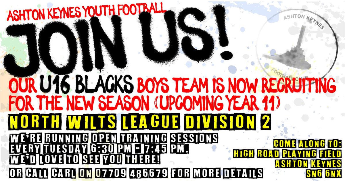 We are in need of new players for our U16s team for their upcoming North Wilts Division 2 campaign, get in touch on our website or call the number below.