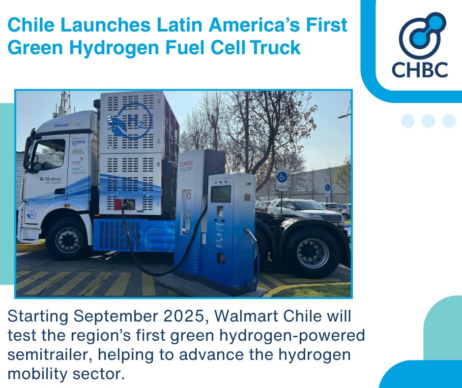CAHydrogen's tweet image. 🚚🌎 Latin America’s first green #hydrogen #fuelcell truck hits the road in Chile this Sept. @WalmartWorld Chile will test it for a year, helping scale #hydrogentrucks &amp;amp; drive #decarbonization in #zeroemissionfreight.

🔗 fuelcellsworks.com/2025/08/07/fue…

#hydrogenmobility #globalhydrogen