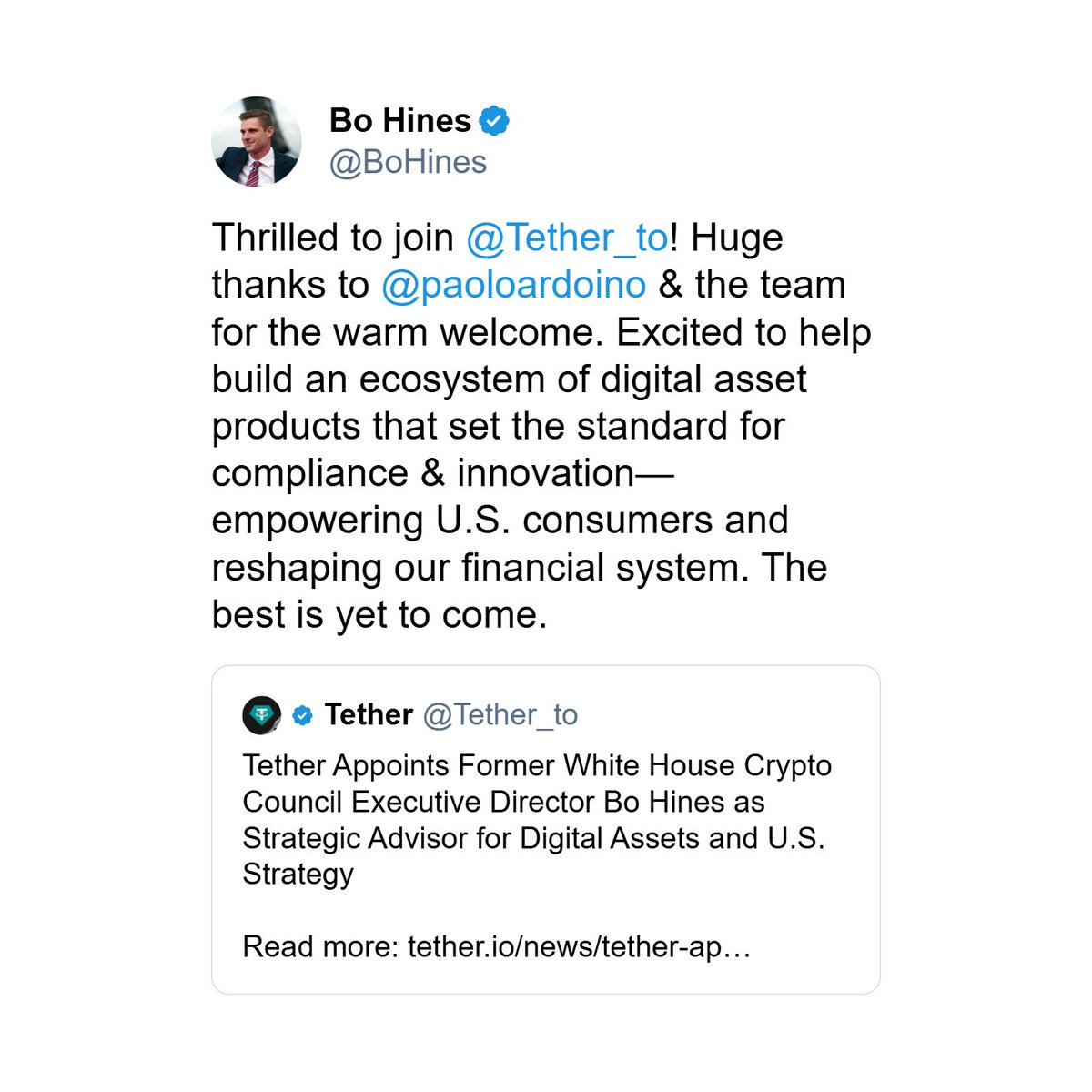 Former White House Crypto Council exec Bo Hines joins Tether as Strategic  Advisor.