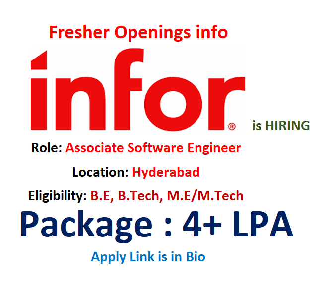 Infor is hiring #Freshers for Associate #Software Engineer.

Eligibility:
- An undergraduate or Master’s degree in Computer Science or an equivalent experience
- Understanding of Restful APIs, Micro service-based solutions/architectures.

Link: careers.infor.com/en_US/careers/… 

#Infor