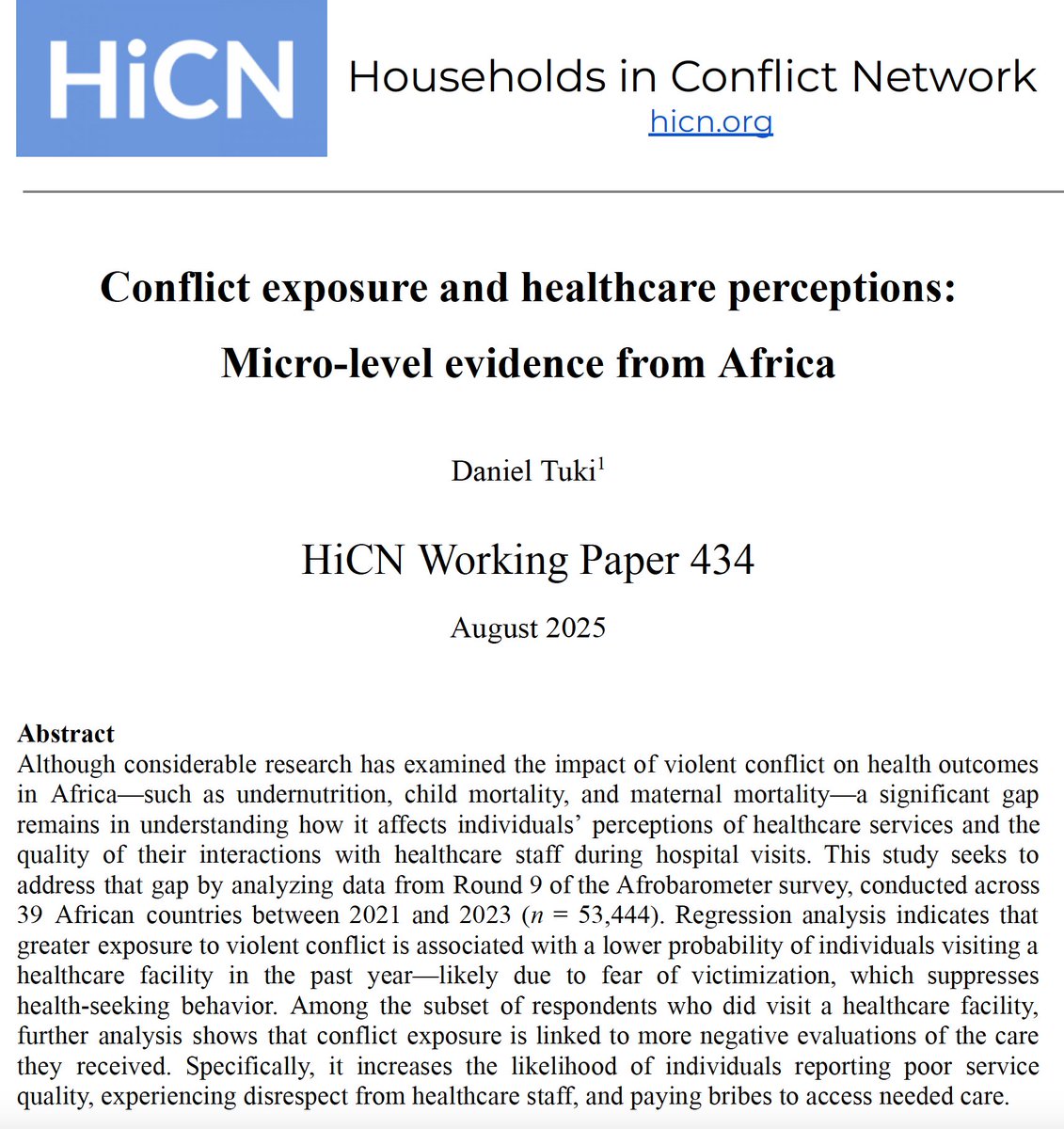 Working Paper: In this Africa-wide study, I find that exposure to violence is associated with a higher likelihood of having paid a bribe to access healthcare and poorer assessments of care quality [Link below]
hicn.org/working-paper/…