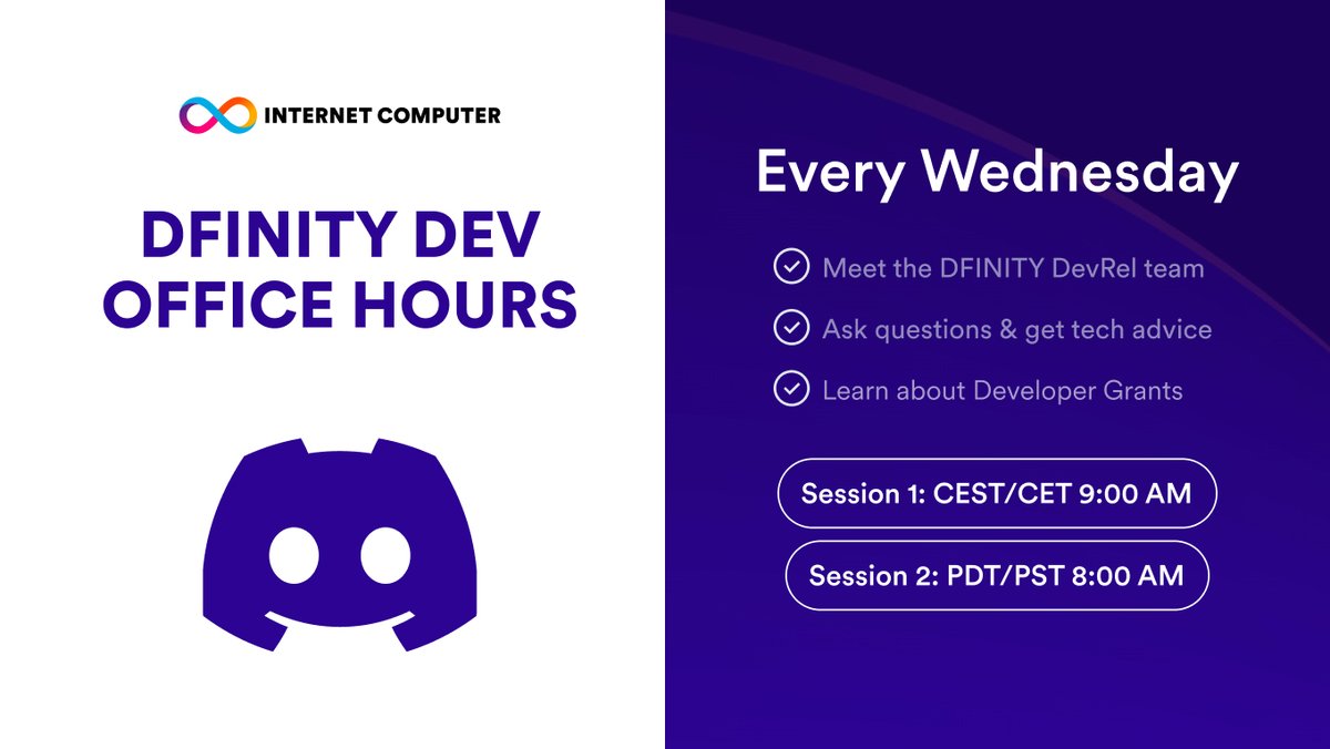 💡Short reminder for the weekly office hours on Discord.

🤝Connect with the @DFINITY DevRel team to ask questions &amp; get technical advice!

⏱️Every Wednesday, 9 AM CEST &amp; 8 AM PDT
📍discord.internetcomputer.org (voice channel)