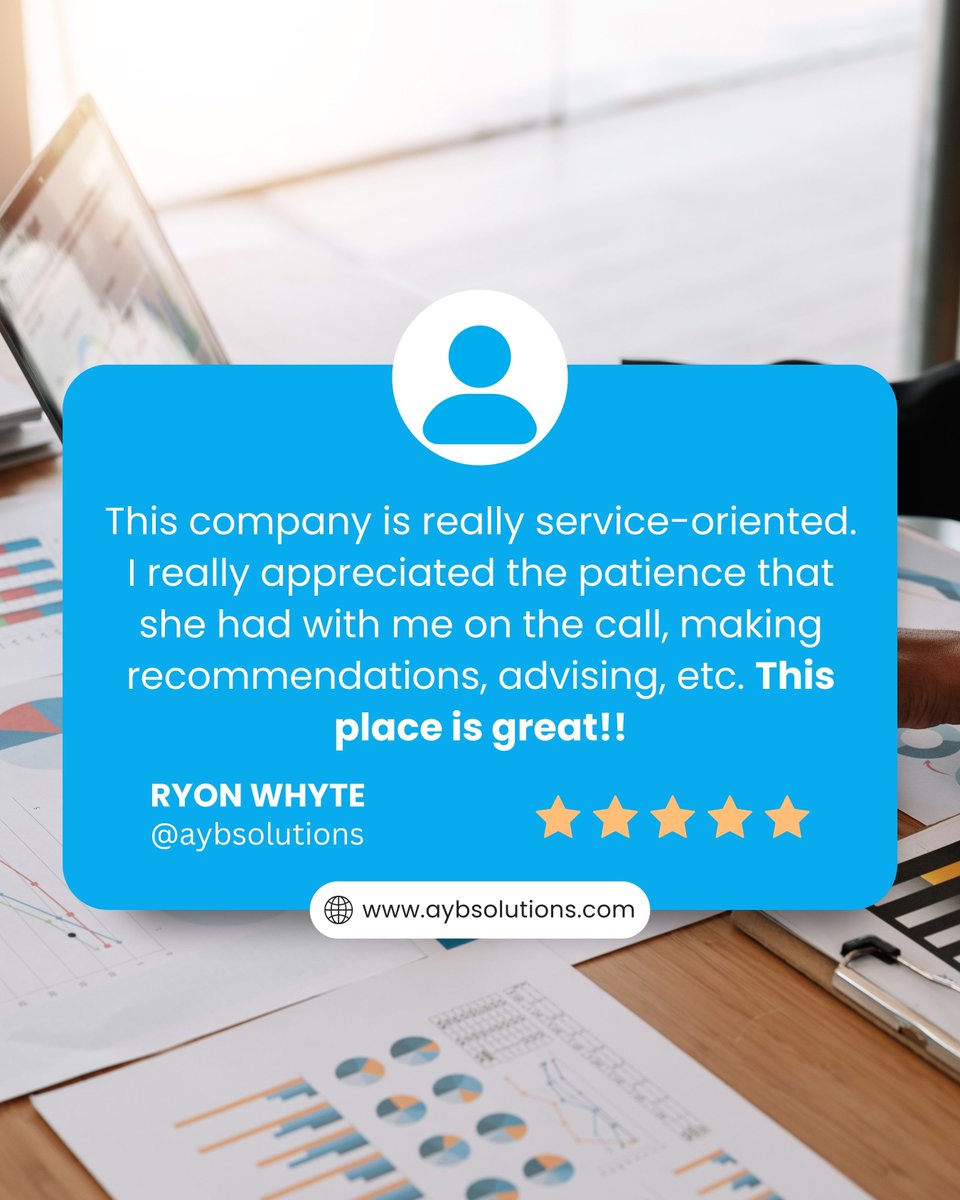 AYBSolutions's tweet image. Thank you so much, Ryon Whyte, for your kind words!

We’re thrilled to hear that our team’s guidance and recommendations made a difference for you.

Your appreciation inspires us to continue delivering precise, insightful, and client-focused support every day!

#aybsolutions