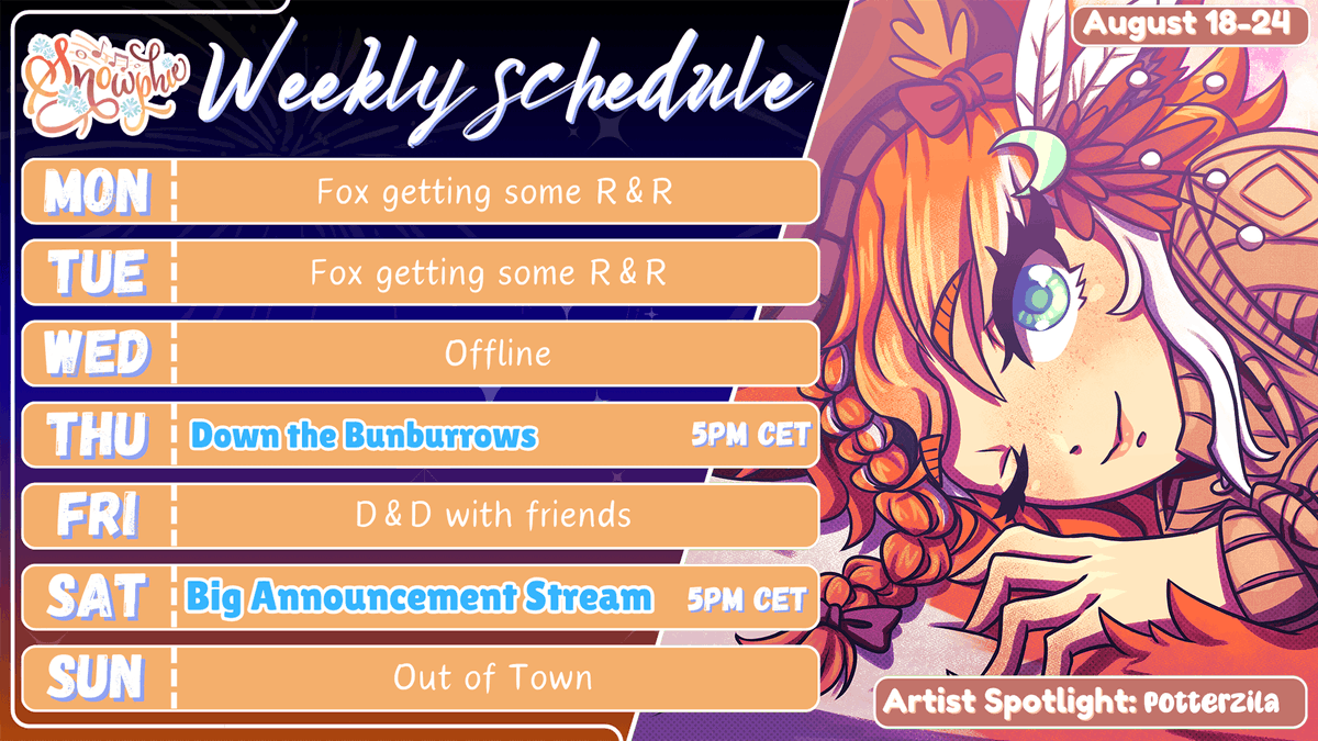 FoxUnderSnow's tweet image. 2 days late but we have the schedule for this week!!!!!
make sure you don't miss the stream on Saturday~
