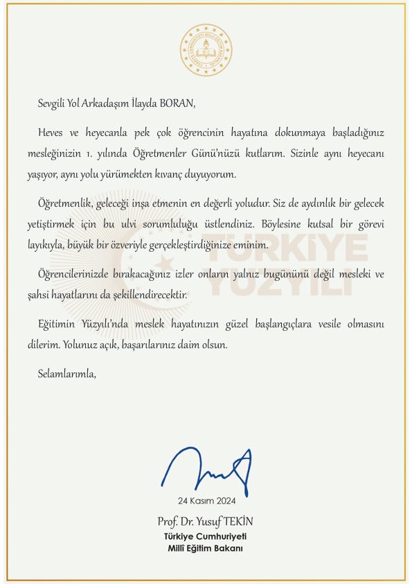 Sayın Bakanım, bu mektubu aldığımda ne kadar mutlu olduğumu bilemezsiniz. Derece yapan öğretmenler olarak hakkımız olan sayıyı istiyoruz. Meslek aşkıyla yanıp tutuşan öğretmenler olarak sınıflarımızda olmak istiyoruz.
<a href="/tcmeb/">Millî Eğitim Bakanlığı</a> 
#Türkçeye2000 
#tuerkceye2000kontenjan