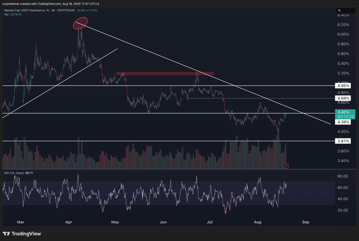 $USDT.D 4.50 benim için hayati önem taşıyor, o bölge üzerinde günlük kapanış görmediğimiz sürece düşüşe okeyim. Kapanış gelirse şayet o zaman düşüşün derinleşme ihtimali kuvvetlenir.