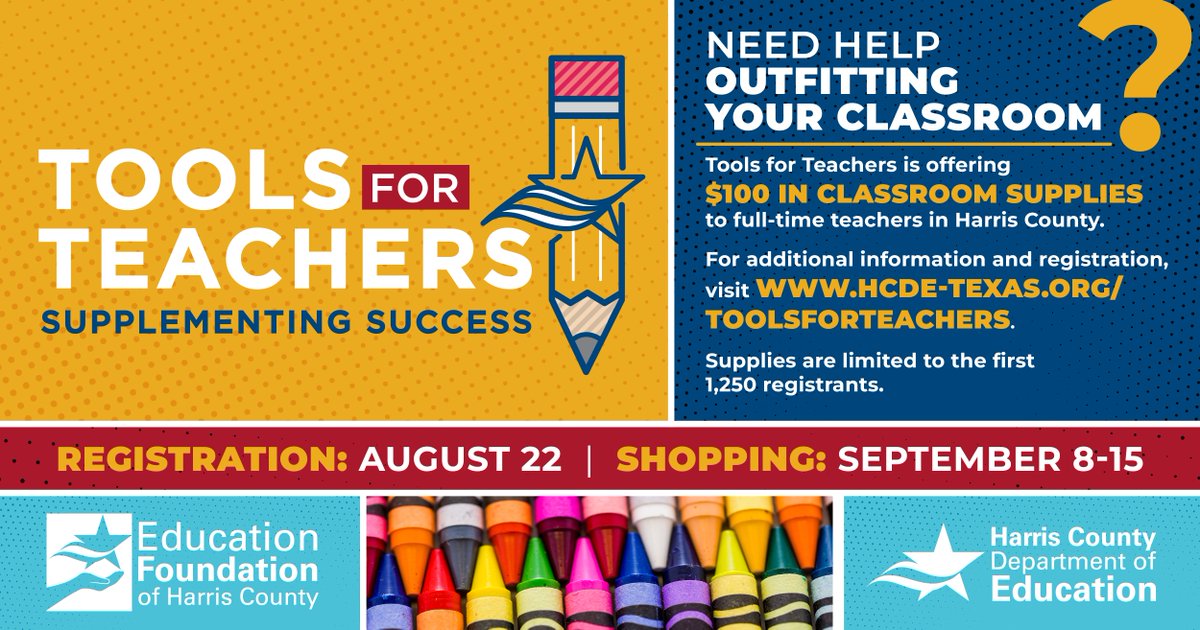 Harris County Department of Education (@hcdetx) on Twitter photo Harris County public school teachers — #HCDE and <a href="/EduFoundHC/">Education Foundation of Harris County</a> have your back! The Tools for Teachers program gives the first 1,250 eligible registrants a $100 credit for classroom supplies. Registration opens at 7 a.m. on Aug. 22! Visit hcde-texas.org/toolsforteache… to learn more. Harris County public school teachers — #HCDE and <a href="/EduFoundHC/">Education Foundation of Harris County</a> have your back! The Tools for Teachers program gives the first 1,250 eligible registrants a $100 credit for classroom supplies. Registration opens at 7 a.m. on Aug. 22! Visit hcde-texas.org/toolsforteache… to learn more.