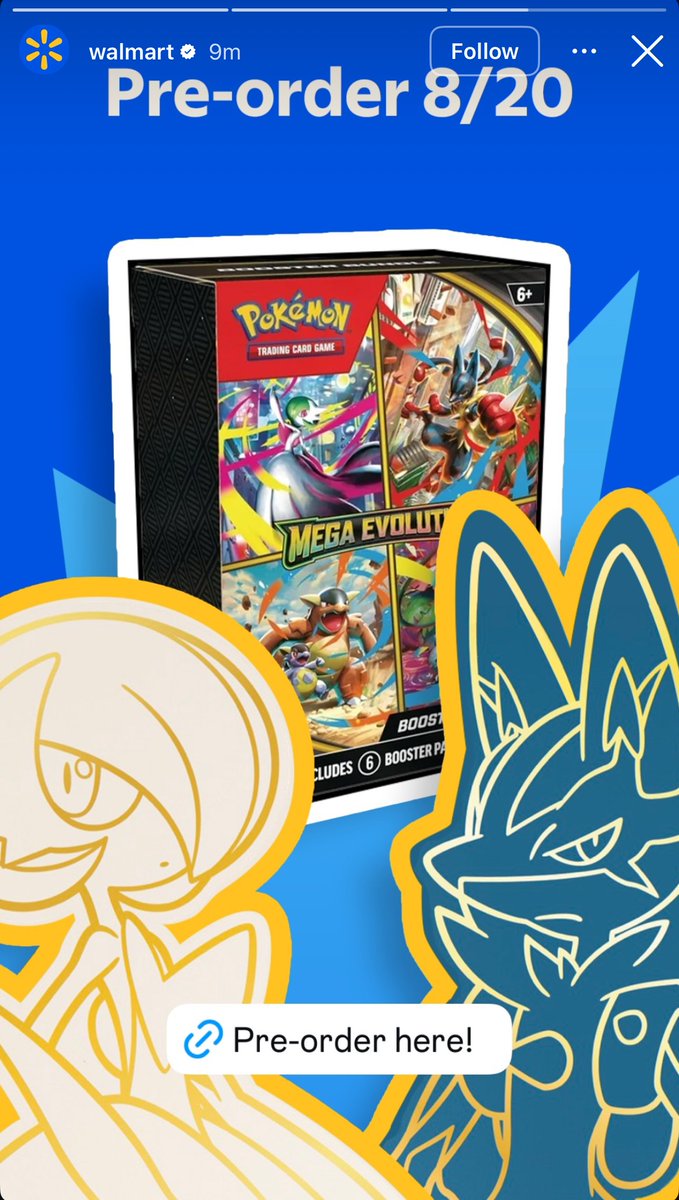 PokeAlerts_'s tweet photo. 🚨 BREAKING NEWS: Mega Evolutions Preorders Dropping at Walmart on Wednesday!

Walmart has confirmed the drop will take place on the 8/20 for Walmart Wednesday! Be ready, these will sell out FAST!

Don't want to miss the drop? Get early product links below 👇 https://t.co/hYXLNpEPNs