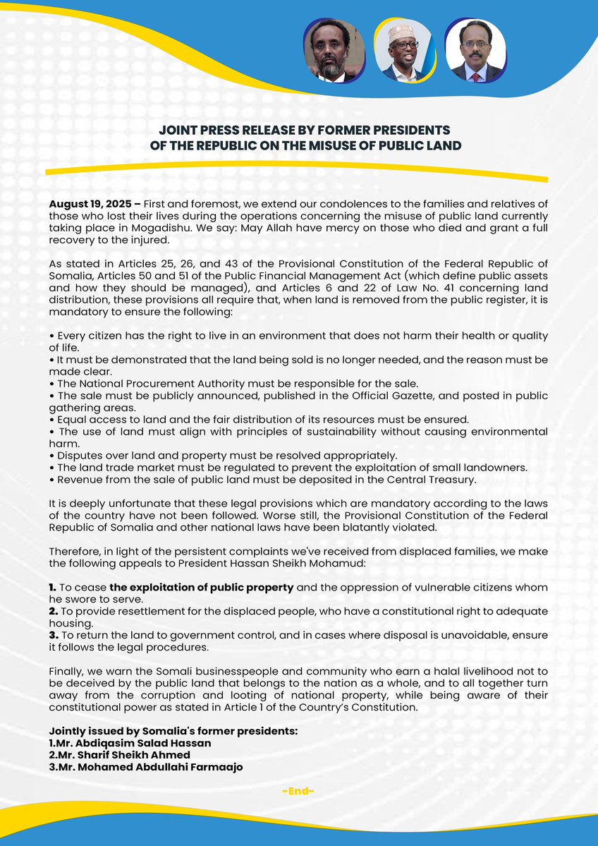Mohamed Farmaajo (@m_farmaajo) on Twitter photo The looting of public land is a breach of the Somali constitution and national laws. In this joint statement with former Presidents <a href="/HESharifShAhmed/">Sharif Sheikh Ahmed</a> and Abdiqasim Salad Hassan, we warn President Hassan Sheikh to refrain from this and return to the path of the law. The looting of public land is a breach of the Somali constitution and national laws. In this joint statement with former Presidents <a href="/HESharifShAhmed/">Sharif Sheikh Ahmed</a> and Abdiqasim Salad Hassan, we warn President Hassan Sheikh to refrain from this and return to the path of the law.