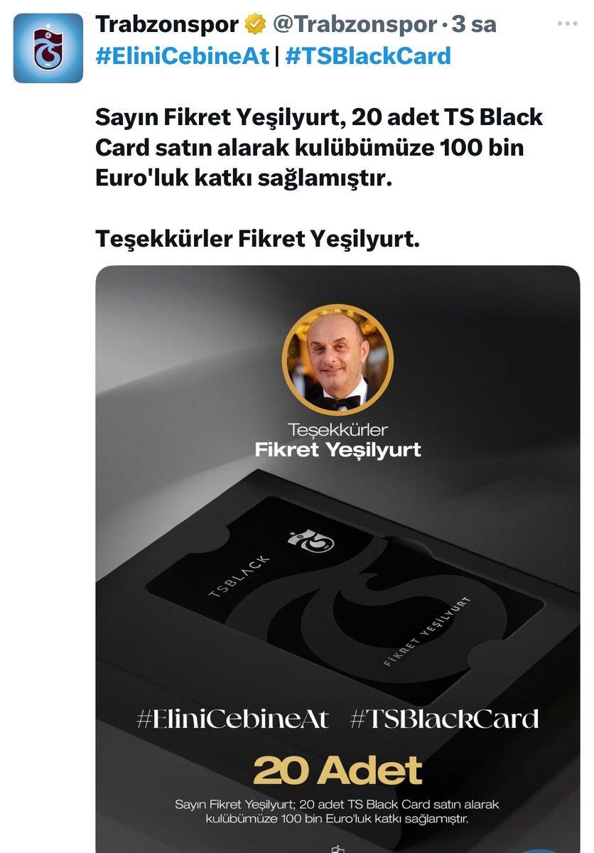 selcukkaya5555's tweet photo. Samsunspor reklamlarında stattaki ‘Kuzeyin Kralı’ yazısını silen Yeşilyurt AVM’nin bağlı bulunduğu Yeşilyurt Grup’un Yönetim Kurulu Üyesi Fikret Yeşilyurt ve Genel Müdürü Ali Sinan Yeşilyurt, Trabzonspor’un TS Black Card kampanyasına 200 bin Euro yaklaşık 9 milyon 550 bin lira destek verdi… #TVKAYA #Samsunspor #Trabzonspor