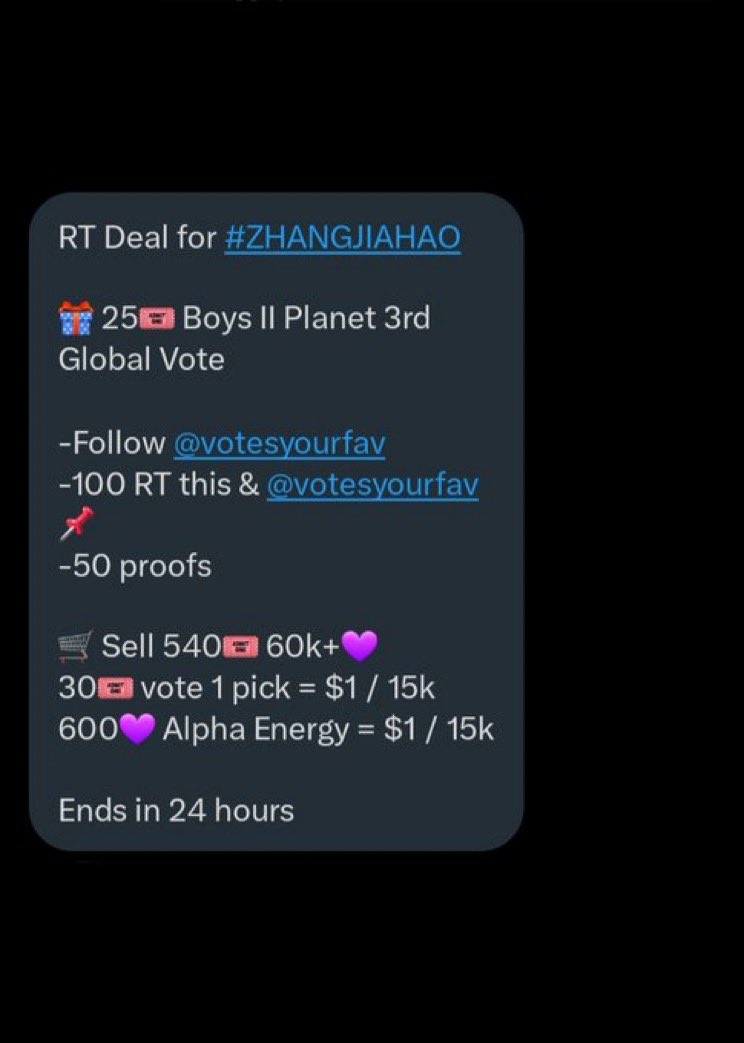 JIA HAO GLOBAL (@jiahaoglobal) on Twitter photo RT Deal for #ZHANGJIAHAO
๐ 25๐๏ธ Boys II Planet 3rd Global Vote
-Follow <a href="/votesyourfav/">Vote ~ Cek Getcontact GTC Premium</a>
-100 RT this & <a href="/votesyourfav/">Vote ~ Cek Getcontact GTC Premium</a> ๐
-50 proofs
๐ Sell 540๐ 60k+๐
30๐ vote 1 pick = $1 / 15k
600๐ Alpha Energy = $1 / 15k
Ends in 24 hours RT Deal for #ZHANGJIAHAO
๐ 25๐๏ธ Boys II Planet 3rd Global Vote
-Follow <a href="/votesyourfav/">Vote ~ Cek Getcontact GTC Premium</a>
-100 RT this & <a href="/votesyourfav/">Vote ~ Cek Getcontact GTC Premium</a> ๐
-50 proofs
๐ Sell 540๐ 60k+๐
30๐ vote 1 pick = $1 / 15k
600๐ Alpha Energy = $1 / 15k
Ends in 24 hours
