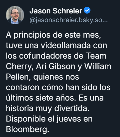 Krozthh's tweet photo. Además del anuncio especial que nos tiene preparado Team Cherry para este 21 de agosto, el periodista Jason Schreier nos compartirá la historia de por qué Silksong tomó 7 años en desarrollarse.

El artículo estará disponible en Bloomberg este mismo jueves. https://t.co/I8JXVwRIpc