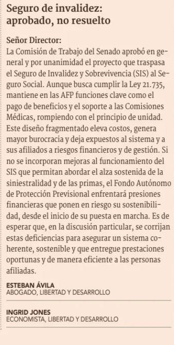 #Opinión "La Comisión de Trabajo del Senado aprobó en general y por unanimidad el proyecto que traspasa el Seguro de Invalidez y Sobrevivencia (SIS) al Seguro Social. Aunque busca cumplir la Ley 21.735, mantiene en las AFP funciones clave como el pago de beneficios y el soporte a