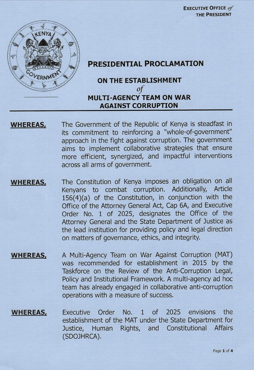 KiongoziKE's tweet photo. President Ruto has formed a new multi-agency teamโchaired by his office, with KRA, NIS & EACCโto strengthen coordination and step up the fight against corruption and economic crimes
#EACC #TimeInaChange https://t.co/tp39d4KAkE