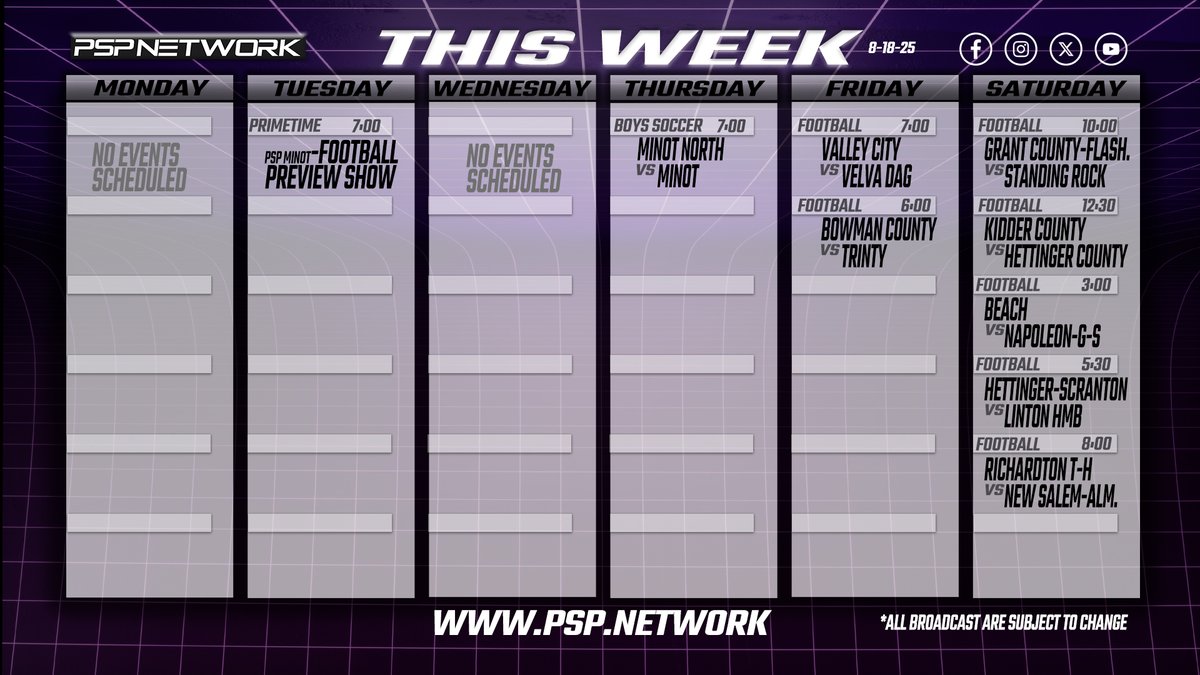 👀THIS WEEK ON THE PSP NETWORK! 
📅8-18-25  
 💻📺WATCH LIVE: psp.network or YouTube! ✅like/follow/share/subscribe to help us Promote Local Athletes!  
#ndpreps #itsgameday