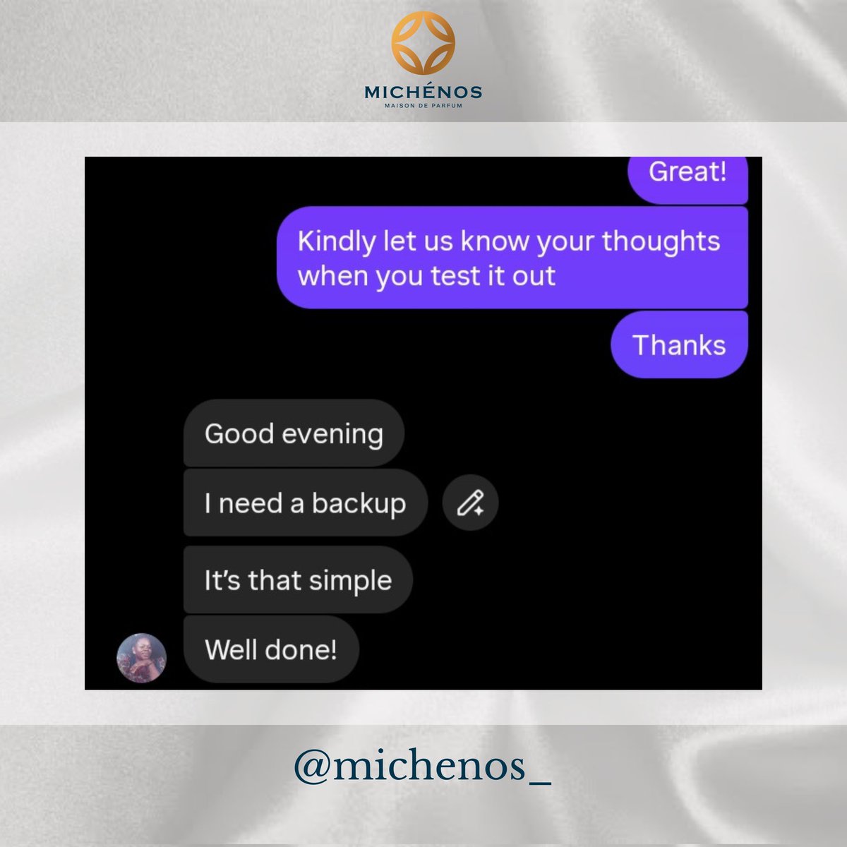 michenos's tweet photo. The reviews say it all...
Confidence has a scent, and it’s Mesmerize.

Limited bottles of Mesmerize available.
Shop 50ml bottle for 30k now, thank us later. 🖤
.
.

#Michenos #Mesmerize #FragzSpace https://t.co/GZ86hIwhdJ