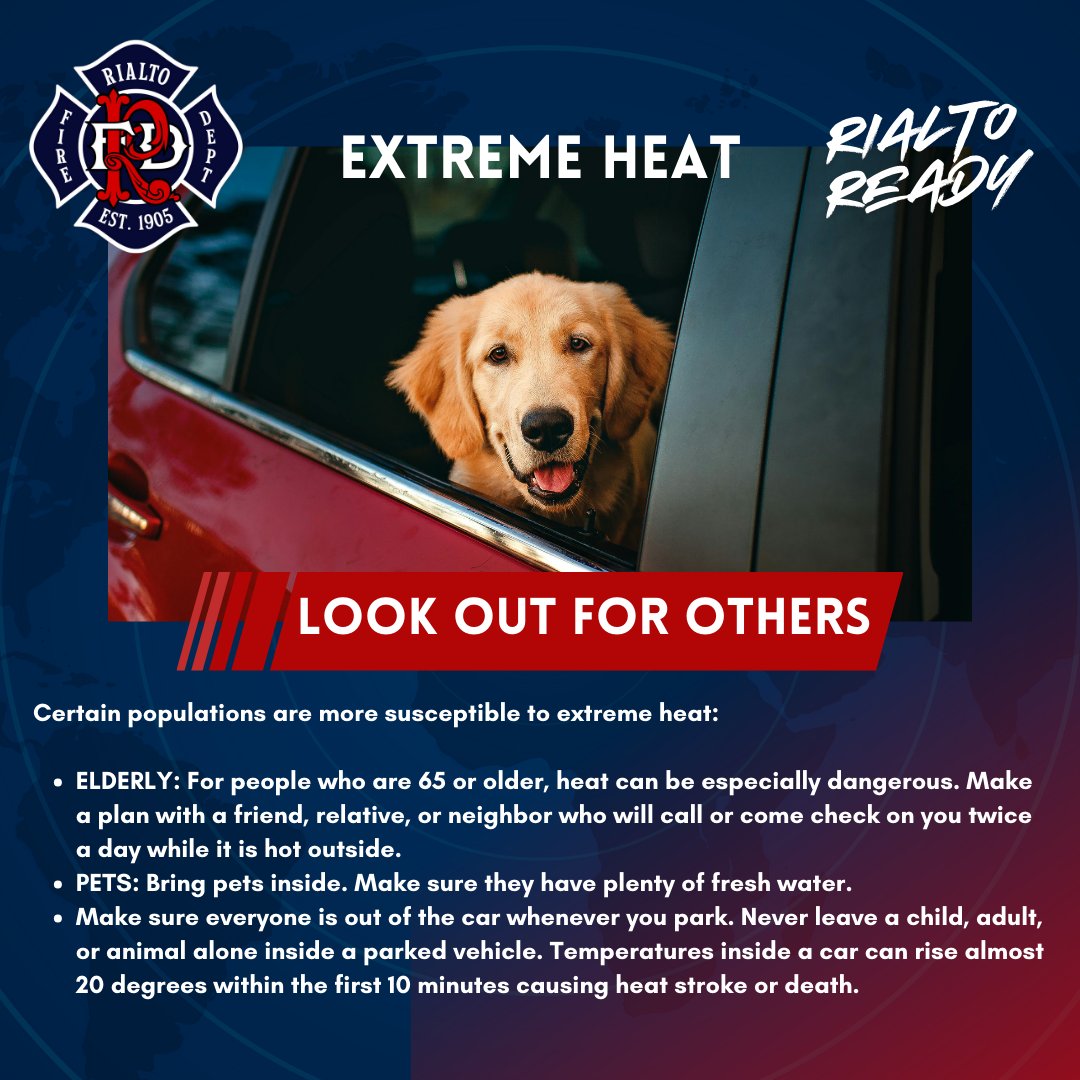 🔥 EXTREME HEAT WATCH 🔥

In effect Thu AM – Sat PM

🌡️ Temps up to 106° (hottest Thu &amp; Fri)
⚠️ High risk of heat illness
💧 Hydrate
👵👶 Check on vulnerable loved ones
🚫 Never leave kids/pets in cars
💧 Cooling Centers: Call (909) 421-4949

More tips ➡️ prepare.sbcounty.gov