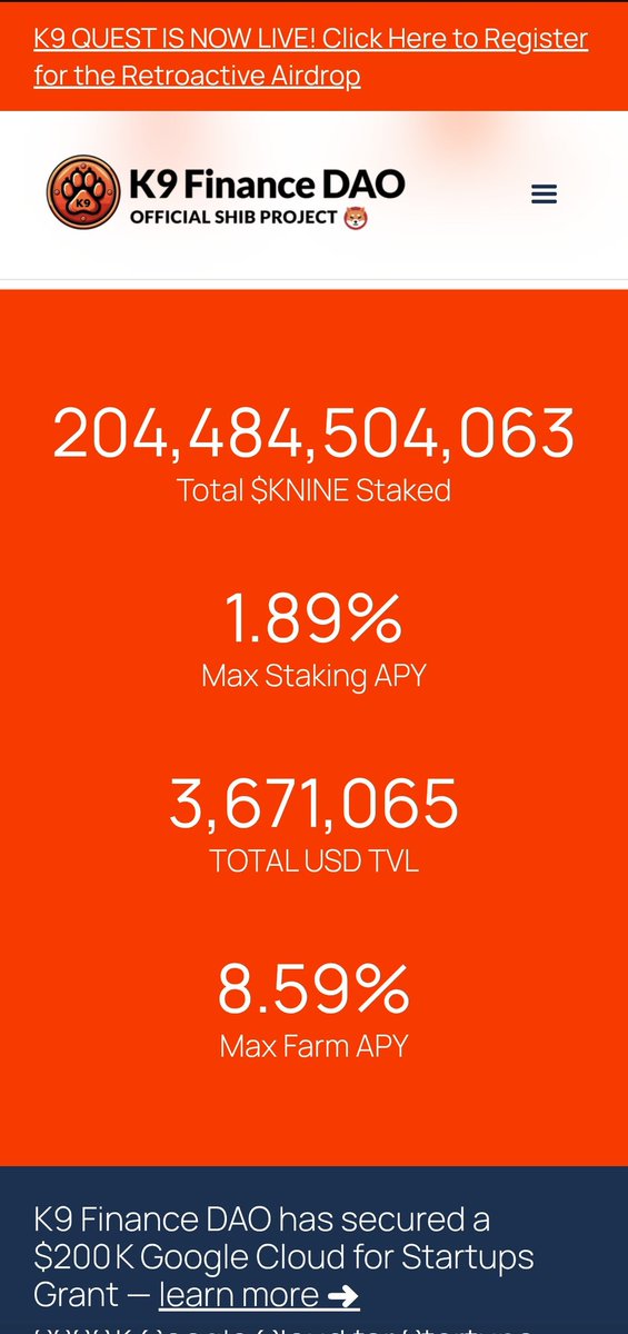 K9 Finance has updated their website with important stats, including the total $KNINE locked and staked, the max Staking APY, the total USD TVL, and the max Farming APY.

This information is important to community members and instead of having to navigate through the Dune