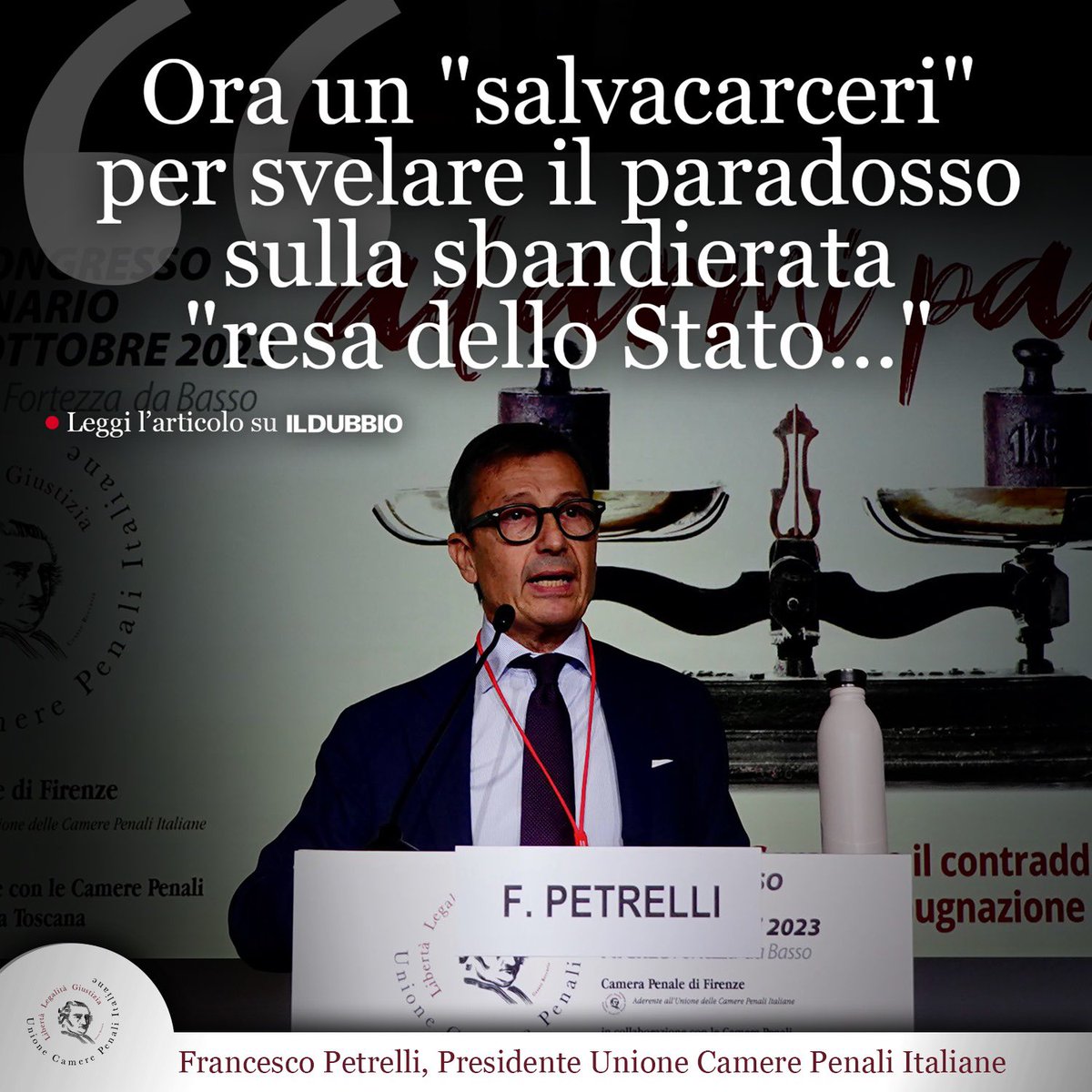 Ora un "salvacarceri" per svelare il paradosso sulla sbandierata "resa dello Stato..." l’articolo del Presidente <a href="/FrPetrelli/">Francesco Petrelli</a> 

Quando vedo i numeri sul sovraffollamento carcerario, 62.728 detenuti, sei in più ogni giorno, e i suicidi che continuano a crescere, non riesco a