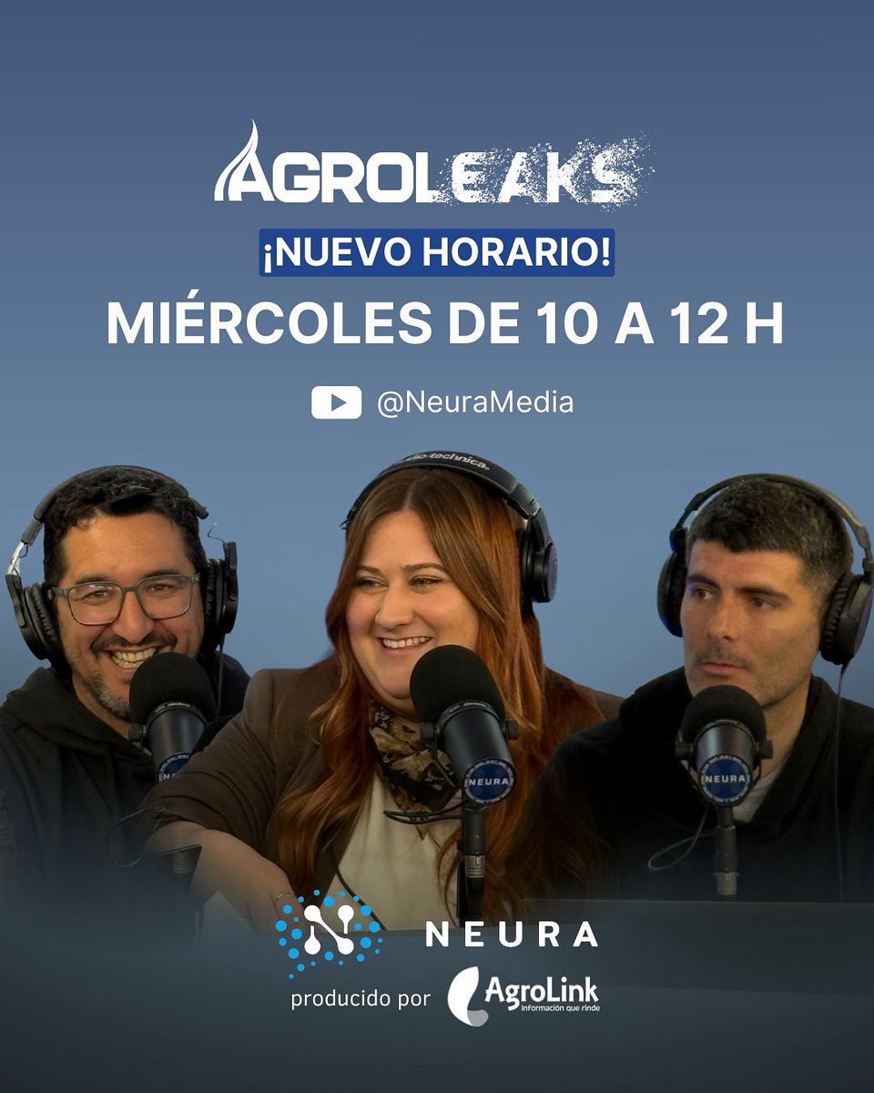 Agrolink (@agrolinkok) on Twitter photo #AgroLeaks tiene nuevo horario!
A partir de este miércoles nos encontramos de 10 a 12 en <a href="/neuramedia/">Neura</a> 📲
Con toda la info de actualidad del sector, entrevistas, muchas risas y la compañía de <a href="/carourd_/">Carola Urdangarin</a>, <a href="/tomasrivas/">Tomás Rivas</a> y <a href="/AramisGlauber/">Aramis M. Glauber</a> 🎙️
Nos ves ingresando al canal de YouTube de #AgroLeaks tiene nuevo horario!
A partir de este miércoles nos encontramos de 10 a 12 en <a href="/neuramedia/">Neura</a> 📲
Con toda la info de actualidad del sector, entrevistas, muchas risas y la compañía de <a href="/carourd_/">Carola Urdangarin</a>, <a href="/tomasrivas/">Tomás Rivas</a> y <a href="/AramisGlauber/">Aramis M. Glauber</a> 🎙️
Nos ves ingresando al canal de YouTube de