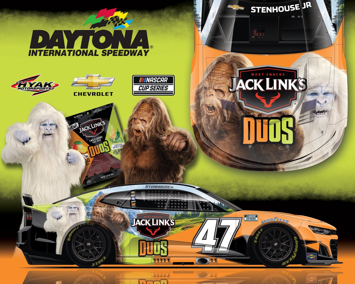 HYAKMotorsports's tweet photo. ‼️NEW‼️

We’re teaming up with @JackLinks for Daytona!

#CokeZeroSugar400 #JackLinksDUOS #SasquatchAndYeti #NASCAR #TeamChevy #HyakMotorsports https://t.co/5b9cUby0Da