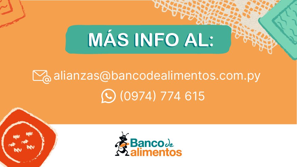 🍽️ ¡Se viene la Cena del Banco de Alimentos!

#PlatosQueMultiplican 👉 contra el hambre y el desperdicio, para nutrir a cientos de familias.

📅 Mié. 10/9 – 🕗 20 h
📍 Talleyrand Costanera

Reservá tu lugar: wa.me/595974774615 ✉️ alianzas@bancodealimentos.org.py