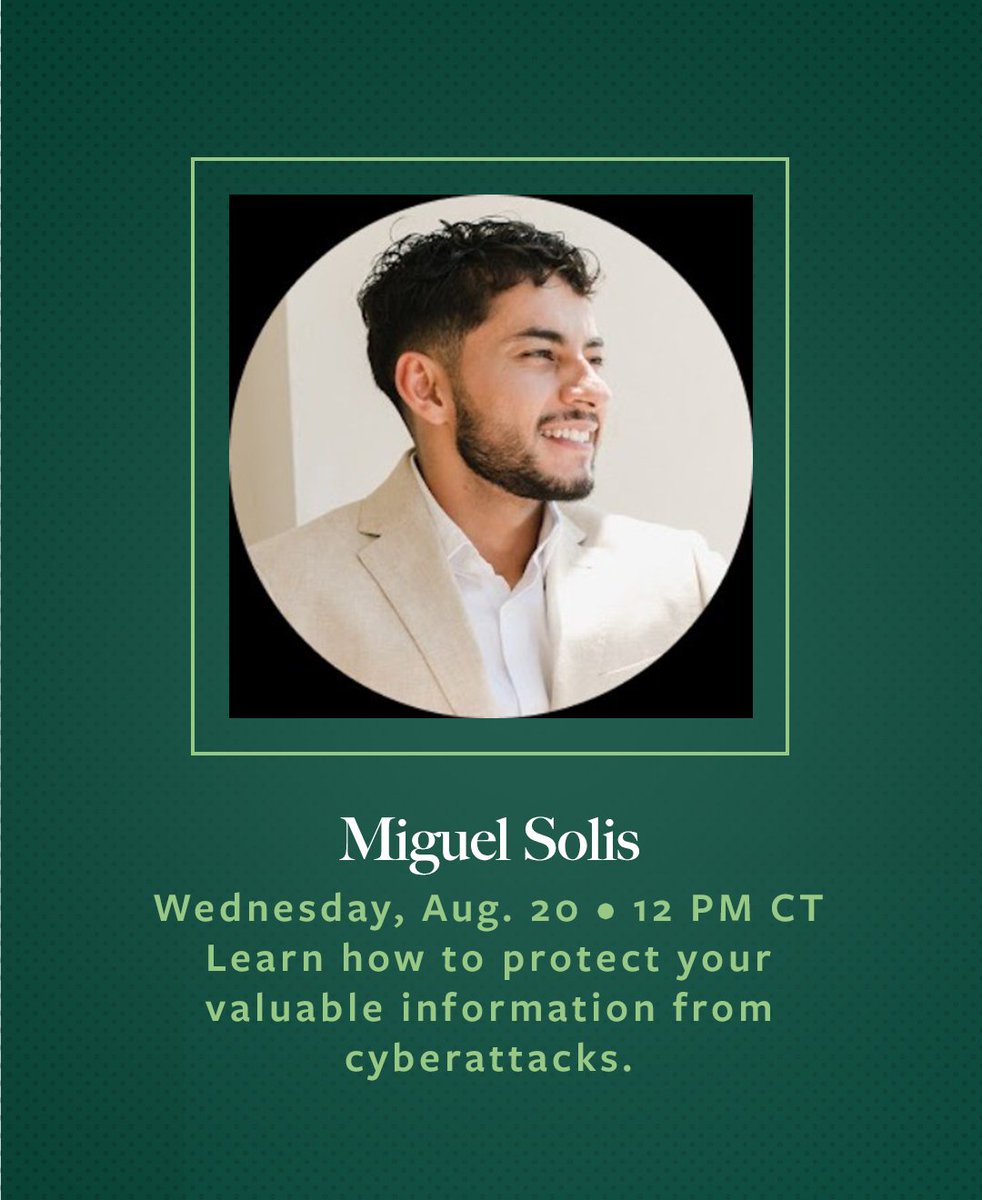 Tulane Alumni (@tulanealumni) on Twitter photo Staying Smart and Alert
Cyberattacks are on the rise and we want to make sure you stay protected at all times. Learn from cybersecurity expert Miguel Solis (<a href="/TulaneSPHTM/">Tulane's Celia Scott Weatherhead School</a> ’21, <a href="/TulaneSoPA/">Tulane School of Professional Advancement</a> *24) in our Professional Develpment Series on Wed., Aug. 20.
📰: tulane.it/3CQ2PdN Staying Smart and Alert
Cyberattacks are on the rise and we want to make sure you stay protected at all times. Learn from cybersecurity expert Miguel Solis (<a href="/TulaneSPHTM/">Tulane's Celia Scott Weatherhead School</a> ’21, <a href="/TulaneSoPA/">Tulane School of Professional Advancement</a> *24) in our Professional Develpment Series on Wed., Aug. 20.
📰: tulane.it/3CQ2PdN