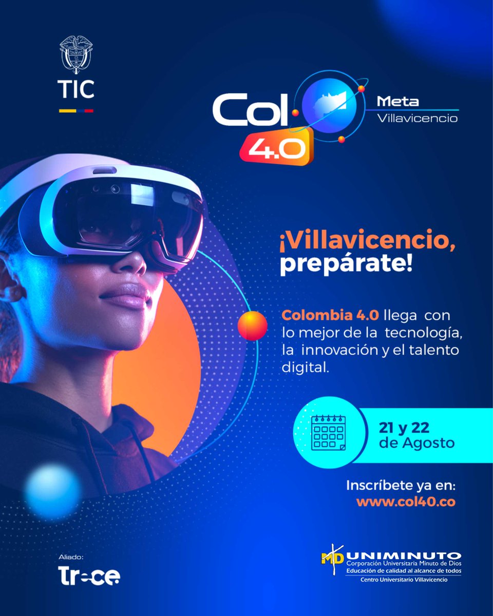 📍 Esta semana en #UNIMINUTO CU #Villavicencio vive la experiencia Col 4.0. ¡La entrada es gratuita!

✅ Regístrate en 🔗 col40.co y participa

#Col40 #MinisterioTIC <a href="/Col4punto0/">Colombia 4.0</a>