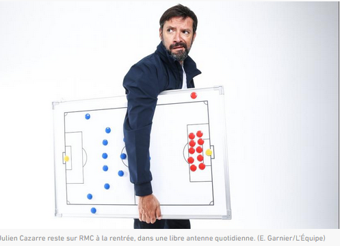 Julien Cazarre lance une libre antenne quotidienne sur RMC.
À partir du lundi 25/08, Julien Cazarre, qui quitte «Rothen s'enflamme», animera au côté de <a href="/JCDrouet/">JC Drouet</a> «Les nuits du Cazarre enchaîné», une libre antenne quotidienne diffusée après minuit  sur RMC.
lequipe.fr/Medias/Actuali…