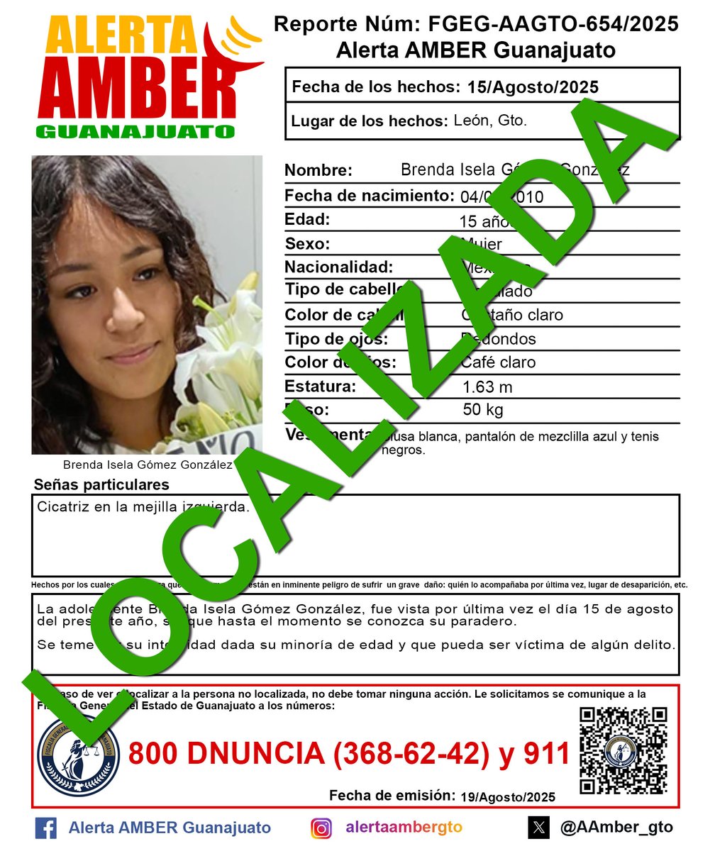 Desactivación de la Alerta AMBER Guanajuato de la adolescente Brenda Isela Gómez González de 15 años, León, Gto. ¡Gracias por tu ayuda!
