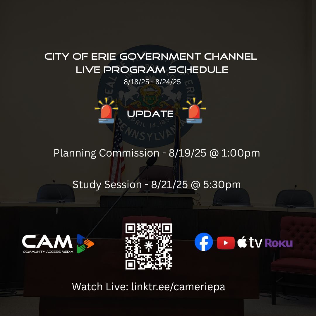CAMEriePA's tweet image. Updated live programming lineup for the week of 8.18.25 to 8.24.25.  Explore our full schedule at camerie.org/vod. Catch the live broadcasts on Roku or Apple TV by installing our CAMEriePA app. #CAMERIEPA #LIVEPROGRAMMING #CITYOFERIE