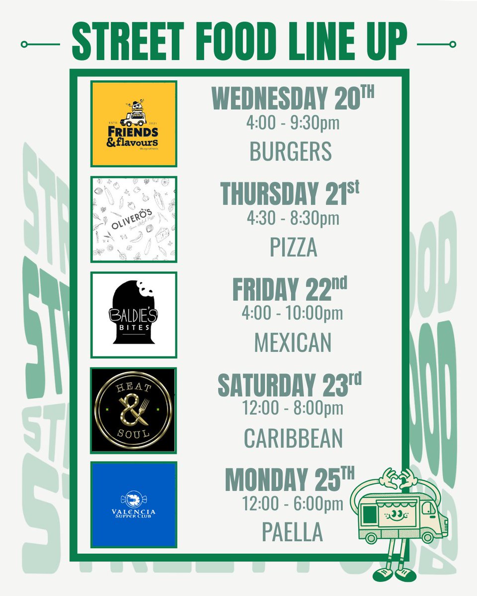 🤩 This Week’s Street Food Line Up Is Here! 🤩

We have food here for the comedy night tomorrow &amp; for the Bank Holiday Monday too! ✨

Pop down, enjoy some great food and unwind with a beer. Cheers! 🍻
