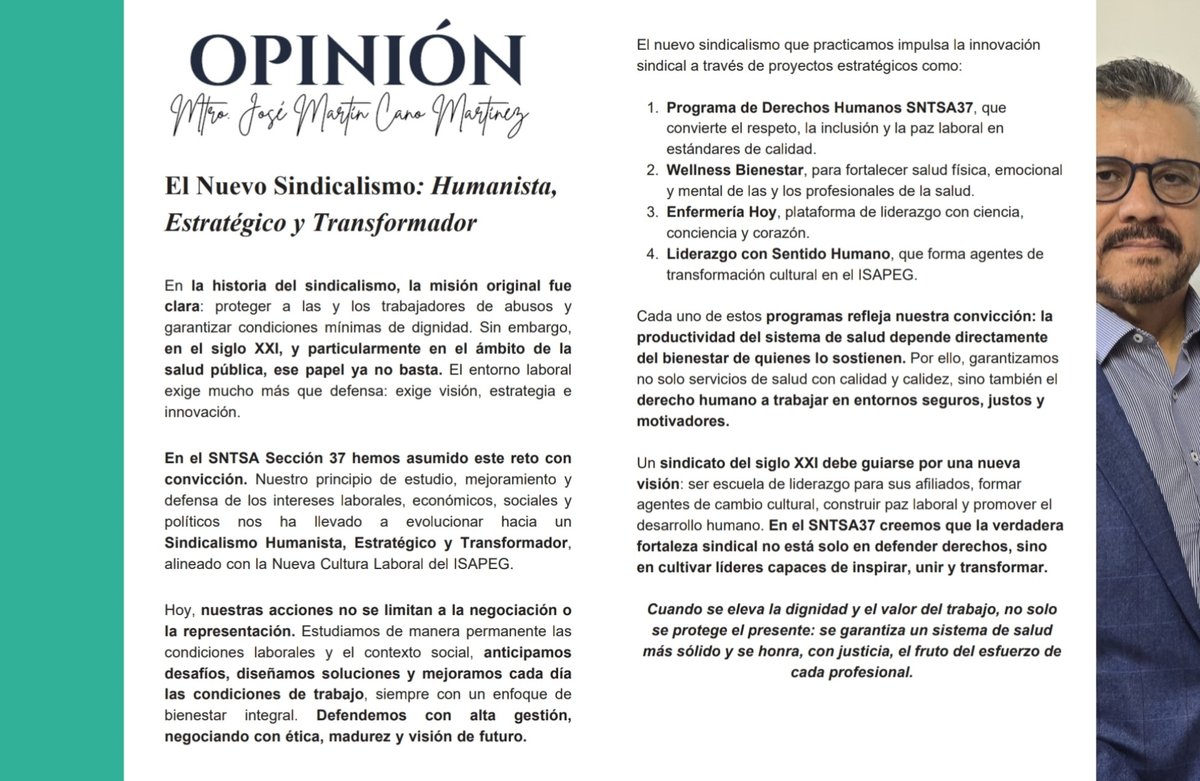FstseGto's tweet image. 📖✨ El Mtro. José Martín Cano Martínez comparte su columna: “El Nuevo Sindicalismo: Humanista, Estratégico y Transformador”.
Una invitación a la reflexión y al diálogo sobre el futuro del sindicalismo en salud.

#SindicalismoConVisión #TransformaciónLaboral