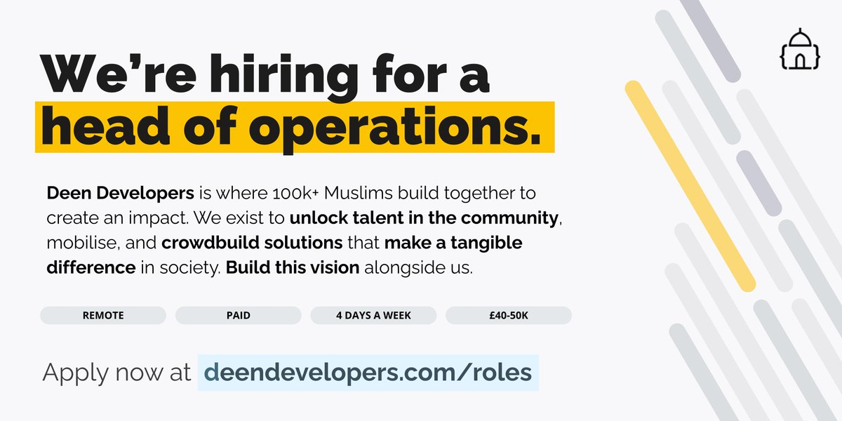 DeenDevelopers's tweet photo. 100,000+ Muslim builders. One rocket ship. We need a co-pilot.

We're launching the next generation of Muslim builders into orbit.

Our mission? Take world-class talent, add Islamic values, multiply by impact.

Here's the opportunity you've been waiting for...

The scoreboard so far:
→ £5M+ raised by startups from our Builders Programme
→ 1,100+ hackers building solutions for Gaza
→ 100k+ Muslims who finally found their tribe

But rocket ships don't fly themselves.

We need a Head of Operations who can turn big dreams into launch sequences.

You'll work with founders backed by Sequoia and NEA helping 100k+ builders reach escape velocity.

Think mission control meets startup ops. Strategy sessions with the founders. Coordinating our volunteer crew.

Making sure every program, every hackathon, every event hits perfectly.

The package:
→ £40-50k, 4 days a week, remote
→ Jum'ah off every Friday (obviously)
→ London-based only (weekly launches require attendance)

Ready to join the crew?

Deadline: August 31st.

T-minus now. 🚀