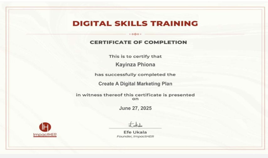 So thrilled to share that I've officially completed my Certificate in Digital Marketing skills with Impact Her Africa  🎉 This journey has been incredibly insightful, and I'm deeply grateful to Impact Her for providing such an empowering and comprehensive program. #CareerGoals