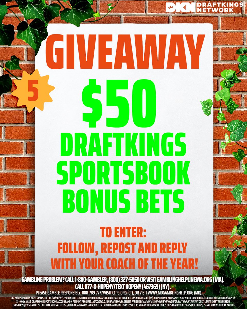 DraftKings Network (@dknetwork) on Twitter photo DK fam, you EARNED this one 🤝 #GiveawayTuesdays is BACK!!!
Five $50 <a href="/DKSportsbook/">DraftKings Sportsbook</a> bonus bets are up for grabs 👀
To Enter:
1) Follow <a href="/DKNetwork/">DraftKings Network</a>
2) Repost this post
3) Reply with your NFL Coach of the Year pick
Ends 8/21 noon ET. T&C: dkng.co/4ozWYBV DK fam, you EARNED this one 🤝 #GiveawayTuesdays is BACK!!!
Five $50 <a href="/DKSportsbook/">DraftKings Sportsbook</a> bonus bets are up for grabs 👀
To Enter:
1) Follow <a href="/DKNetwork/">DraftKings Network</a>
2) Repost this post
3) Reply with your NFL Coach of the Year pick
Ends 8/21 noon ET. T&C: dkng.co/4ozWYBV