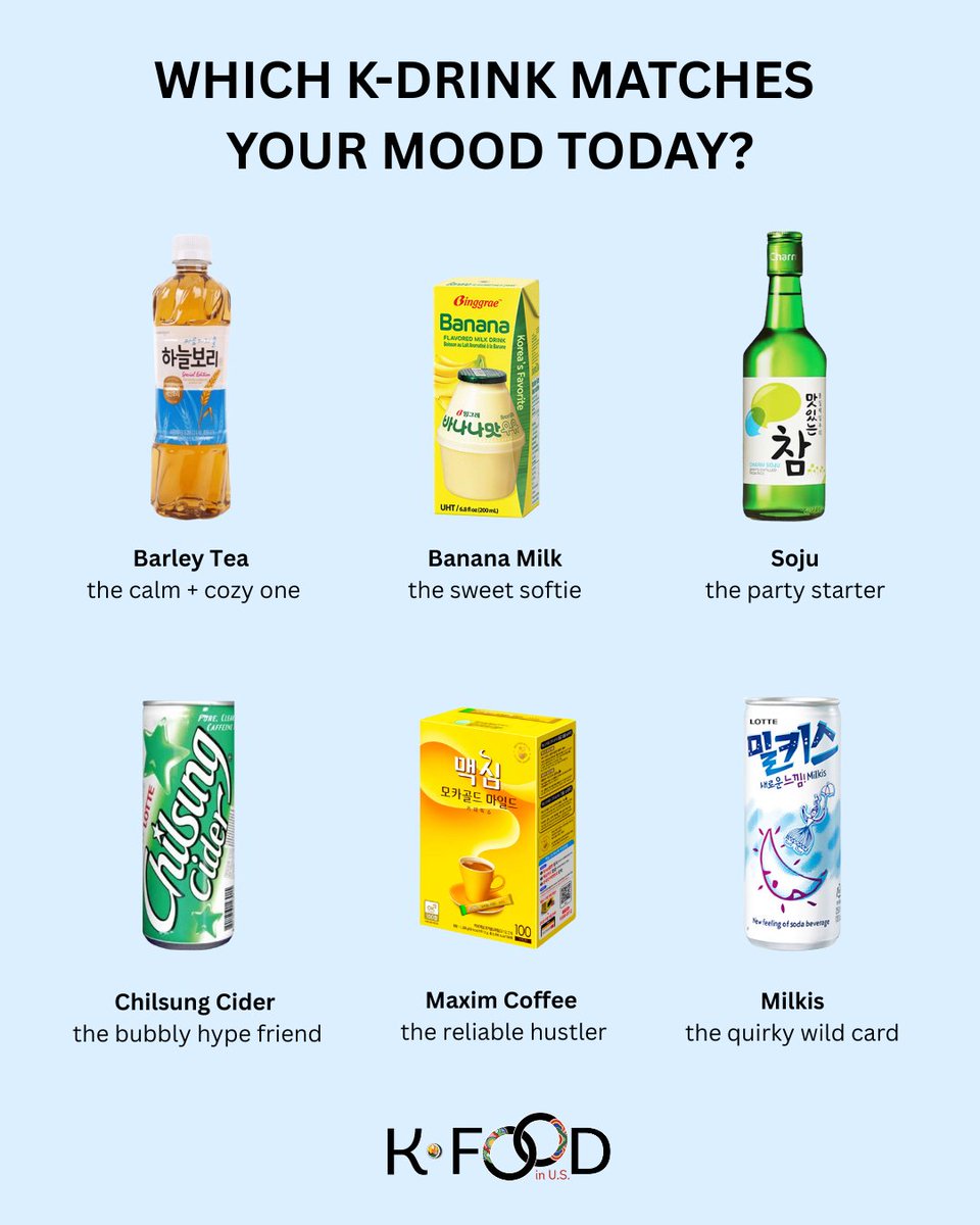 Tuesday vibe check!✨Tag a friend in the comments and let us know which K-Drink you're feeling most like today👇
-
#kfoodinus #kfood #kdrink #dmvfoodie #koreandrinks #vibecheck #SeoulfulBites #instafood #kfoodlover #Kfoodie  #IG #VirginiaFoodie #MarylandFoodie #DCFoodie #Foodie