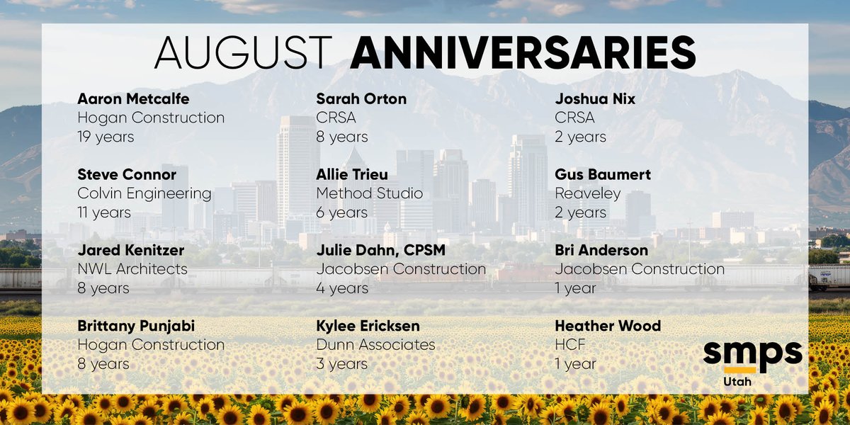 Happy SMPS Utah anniversary to our August members! We're always excited to see you around.

#Welcome #SMPSUtah #AECUtah #MemberAppreciation #AECmarketing <a href="/NWLArchitects/">Naylor Wentworth Lund Architects</a> <a href="/crsa/">roberto sibaja</a>-architects @method_studio <a href="/JacobsenBuilds/">Jacobsen Construction Company</a> <a href="/ReaveleyEng/">Reaveley Engineers</a>