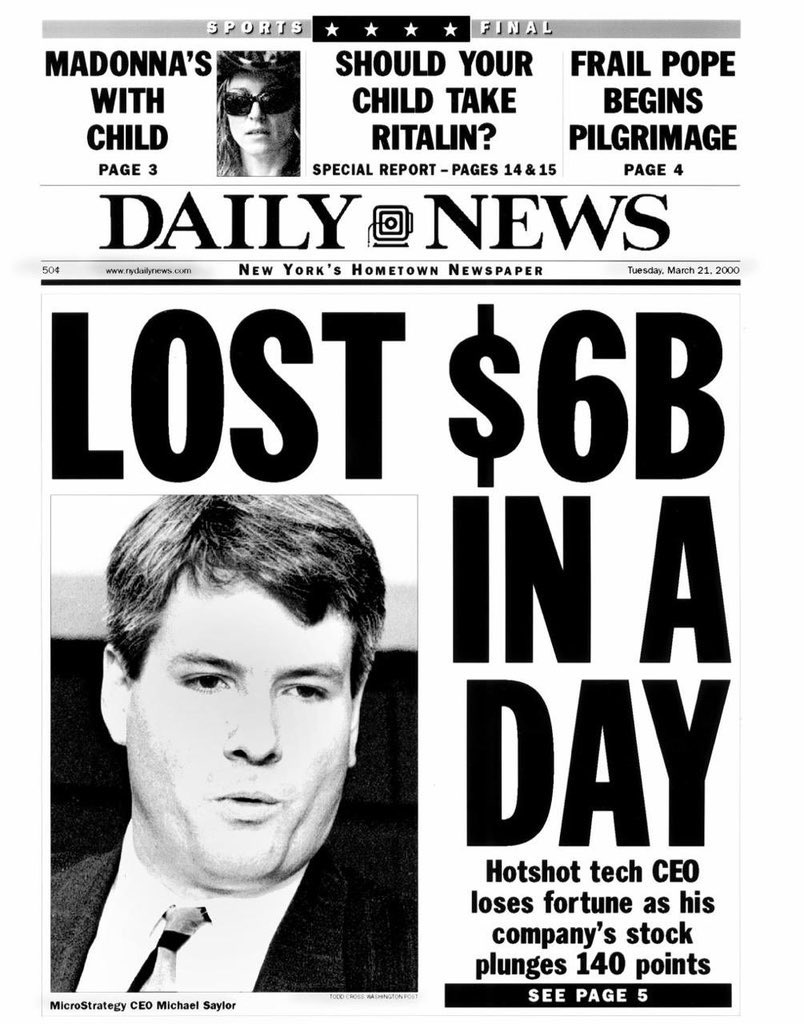 Newspaper headline about Michael Saylor losing $6B in a day