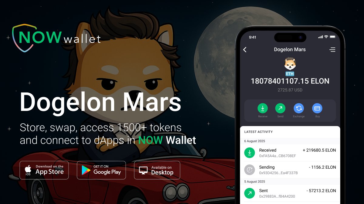 NOW Wallet (@now_wallet) on Twitter photo A lone dog named <a href="/DogelonMars/">Dogelon Mars</a> left Earth in the year 2420 to recolonize Mars.
Fueled by Dogecoin DNA, enigmatic energy, and a Mars mission, ELON has grown into a strong community!
Get $ELON in NOW Wallet and join the mission to Mars:
🔗 walletnow.app.link/Xdownload A lone dog named <a href="/DogelonMars/">Dogelon Mars</a> left Earth in the year 2420 to recolonize Mars.
Fueled by Dogecoin DNA, enigmatic energy, and a Mars mission, ELON has grown into a strong community!
Get $ELON in NOW Wallet and join the mission to Mars:
🔗 walletnow.app.link/Xdownload