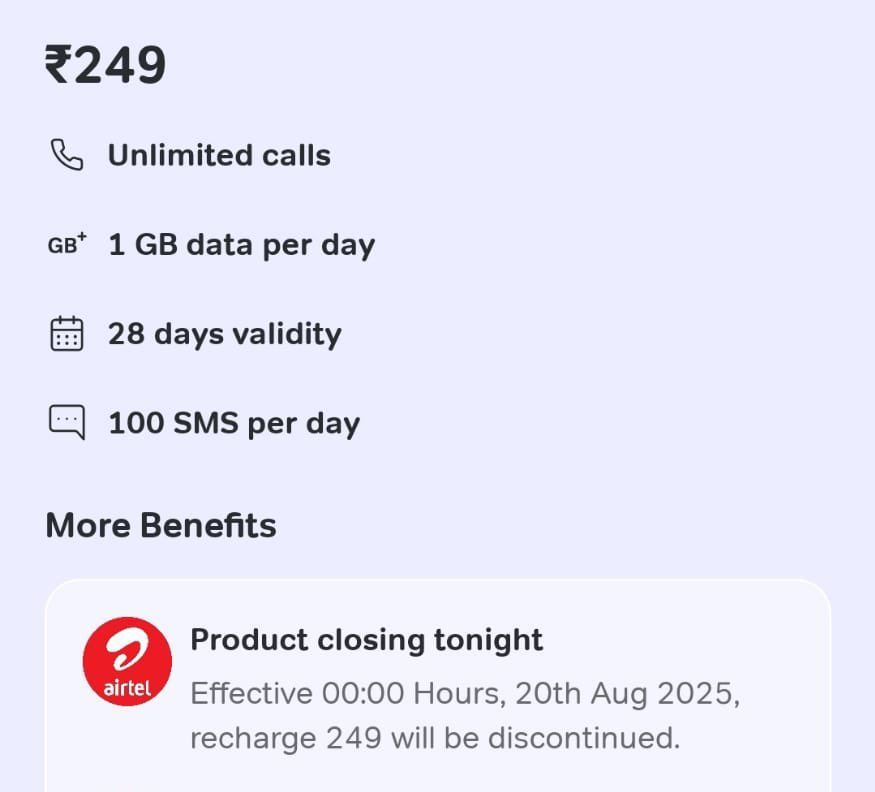 🚨 Airtel is removing it's most affordable Rs 249 plan from tonight.