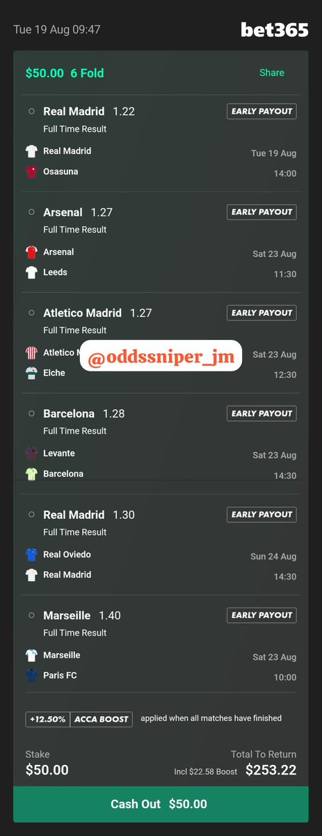 oddssniper_jm's tweet photo. Midweek- weekend shots. La Liga, EPL, Europa and Conference League Qualifiers all involved.

#OddsSniperJM #FootballBets #SportsBets #Bet365 #FootballAcca #SoccerPicks https://t.co/2qJyTBThUU