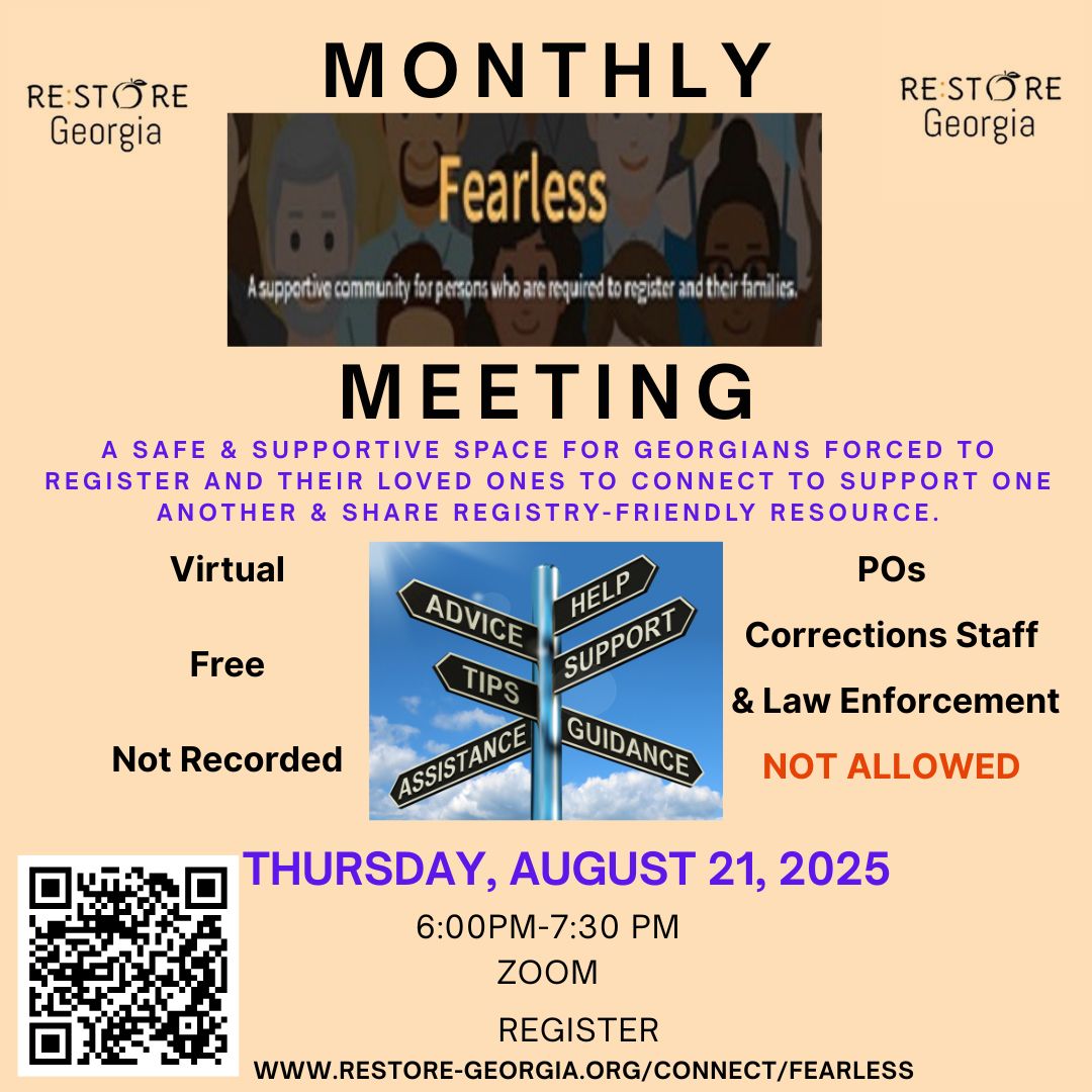 We hope to see you on the 21st at 6pm EST at this month's Fearless support group to connect and get resources for yourself or your loved one. Get the log in link at restore-georgia.org/connect/fearle…