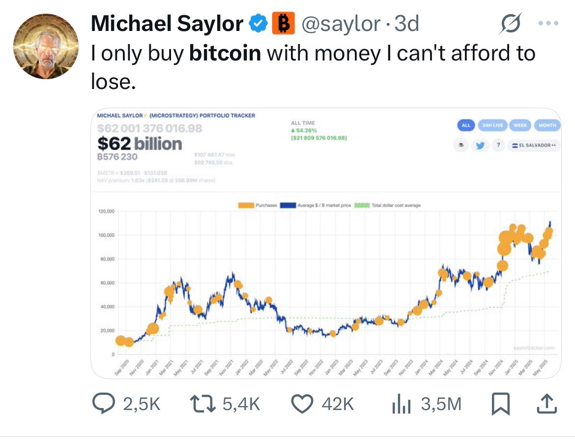 Screenshot of Michael Saylor's tweet about buying Bitcoin with money he can't afford to lose