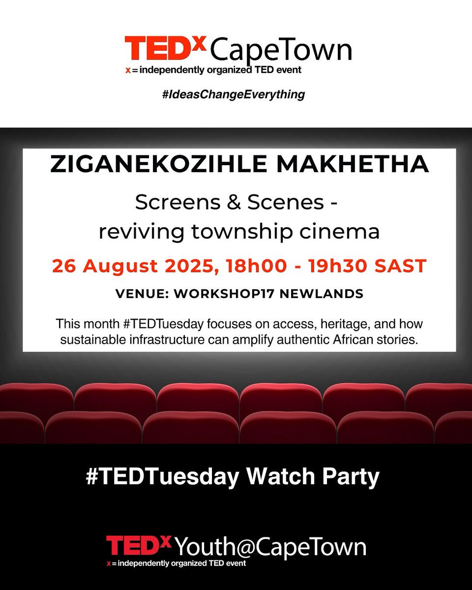 TEDxCapeTown (@tedxcapetown) on Twitter photo Join us for our second #TEDTuesday watch party and discover the lost magic of cinema in South African townships. We’ll be screening a TEDx talk by Ziganekozihle Makheta, followed by a live Q&A and discussion with the speaker. 🎥
🎟️ quicket.co.za/events/330168-… Join us for our second #TEDTuesday watch party and discover the lost magic of cinema in South African townships. We’ll be screening a TEDx talk by Ziganekozihle Makheta, followed by a live Q&A and discussion with the speaker. 🎥
🎟️ quicket.co.za/events/330168-…
