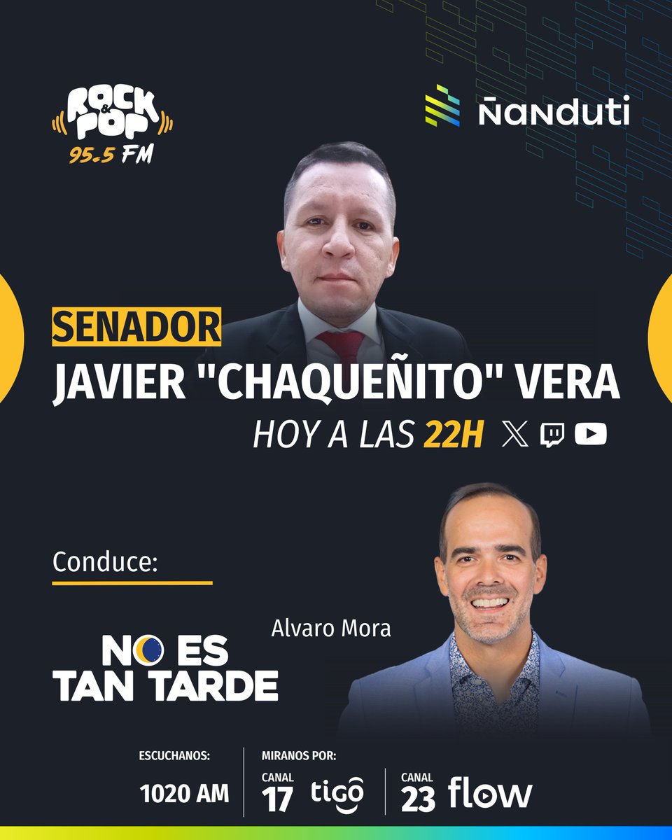 Radio Ñandutí (@nanduti) on Twitter photo Hoy visita #NoEsTanTarde el senador Javier "Chaqueñito" Vera 👏🏼
Responderá todas las preguntas de <a href="/alvaromorapy/">Alvaro Mora</a> 😉
👀 Míralo por <a href="/nanduti/">Radio Ñandutí</a> y <a href="/rockandpop955/">Rock&Pop Paraguay</a>
📲 YouTube, X y Twitch
📺 Canal 17 (Tigo) | Canal 23 (Flow)
NO TE LO PODES PERDER🫵
#NoEsTanTarde🌙 Hoy visita #NoEsTanTarde el senador Javier "Chaqueñito" Vera 👏🏼
Responderá todas las preguntas de <a href="/alvaromorapy/">Alvaro Mora</a> 😉
👀 Míralo por <a href="/nanduti/">Radio Ñandutí</a> y <a href="/rockandpop955/">Rock&Pop Paraguay</a>
📲 YouTube, X y Twitch
📺 Canal 17 (Tigo) | Canal 23 (Flow)
NO TE LO PODES PERDER🫵
#NoEsTanTarde🌙