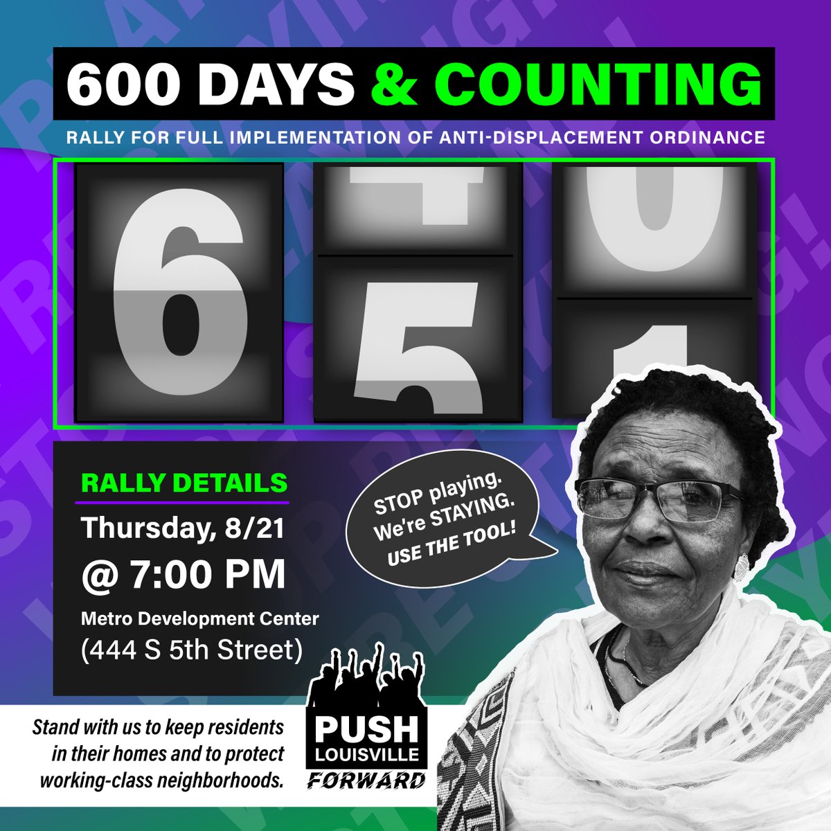 #Louisvilleky Fam -- Join us on THURS 8/21⚡️at 7:00pm EST at the Metro Development Center (444 S 5th Street). Stand with youth, elders, metro council members, and organizers to ensure that our city follows the law and keeps folks in their homes!